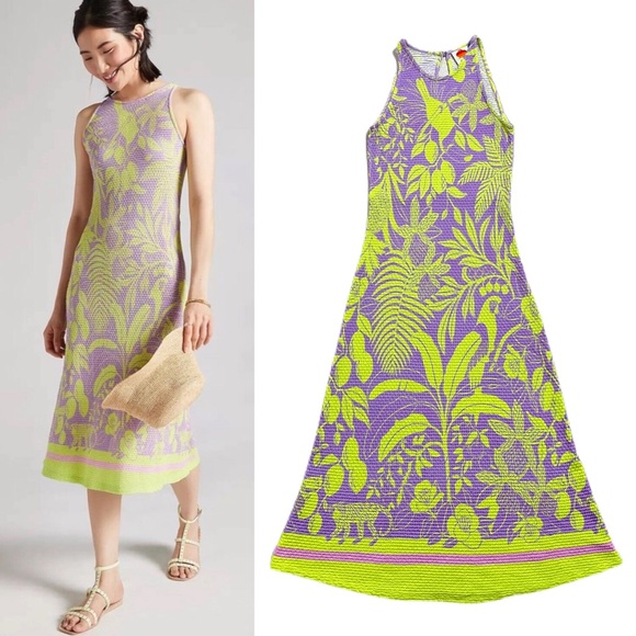 FARM Rio Dresses & Skirts - Anthropologie x FARM Rio Texture Knit Midi Purple & Neon Bird Print Dress S